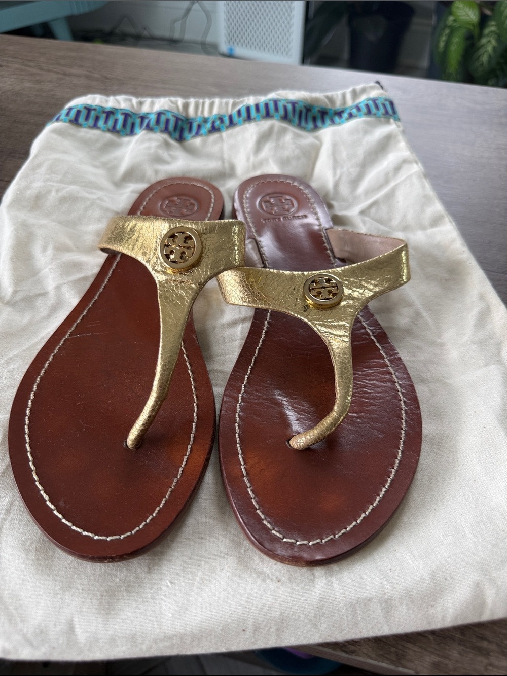 Tory Burch Gold Leather Thong Sandals with Brown Footbed
